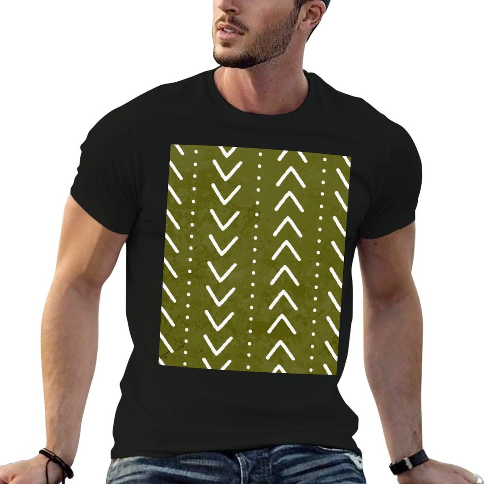 Mudcloth Print Top - Olive Green Mudcloth Arrows Pattern T-Shirt