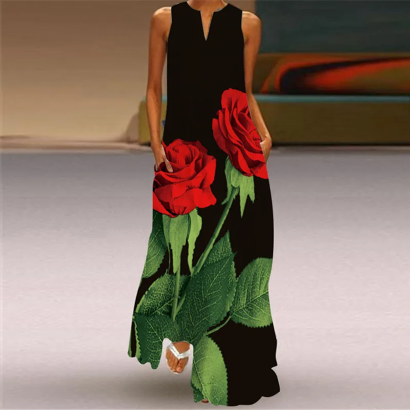 Ethnic Fashion Wear - Red Rose Print Long Dress For