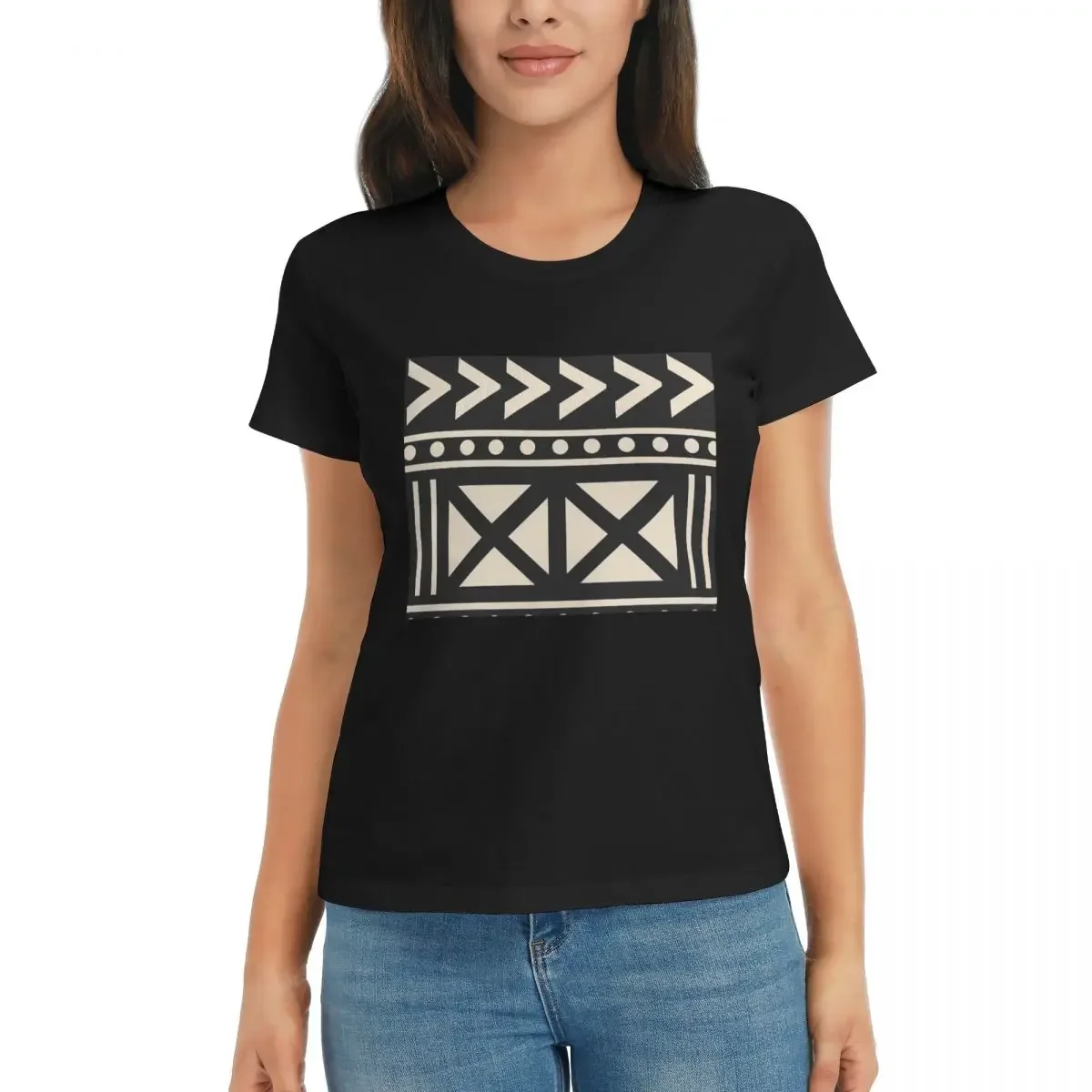 Mudcloth Print Top - Women T-Shirt African Mud Cloth Black