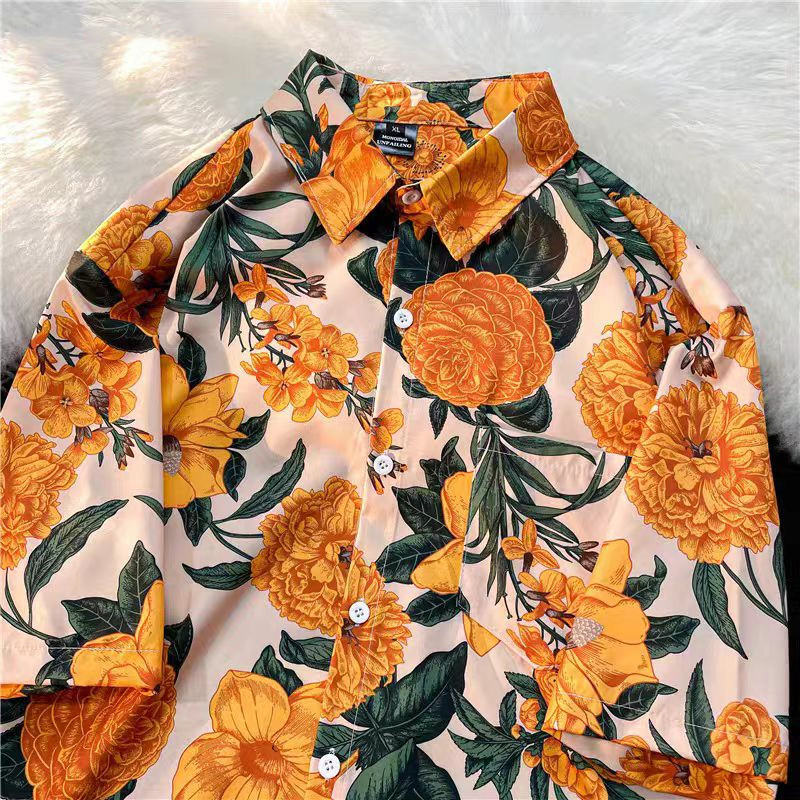 Thai Silk Blouse - Japanese Thai Retro Hawaii Orange Flower