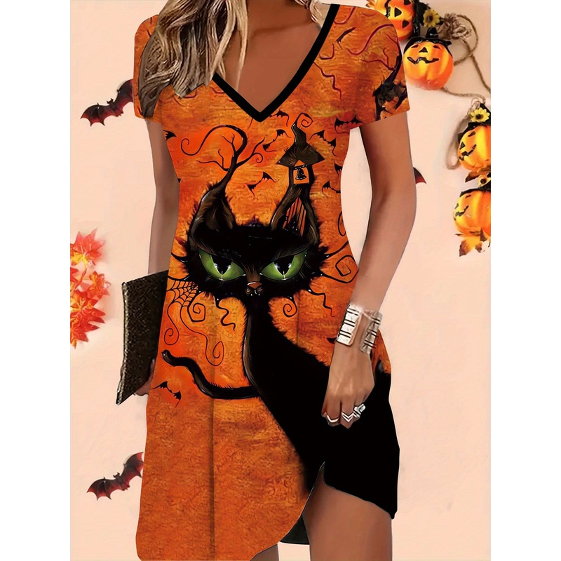 Halloween print with black cat - Y2K Ethnic Fashion ulasan dan harga